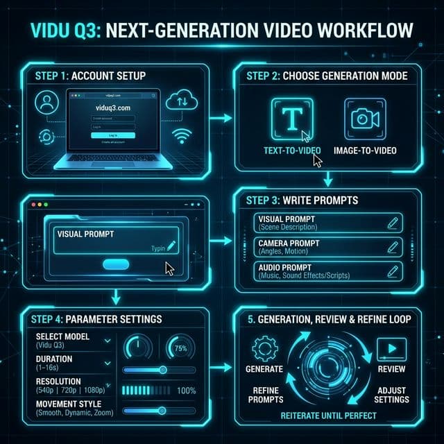 A step-by-step visual showing the Vidu Q3 workflow